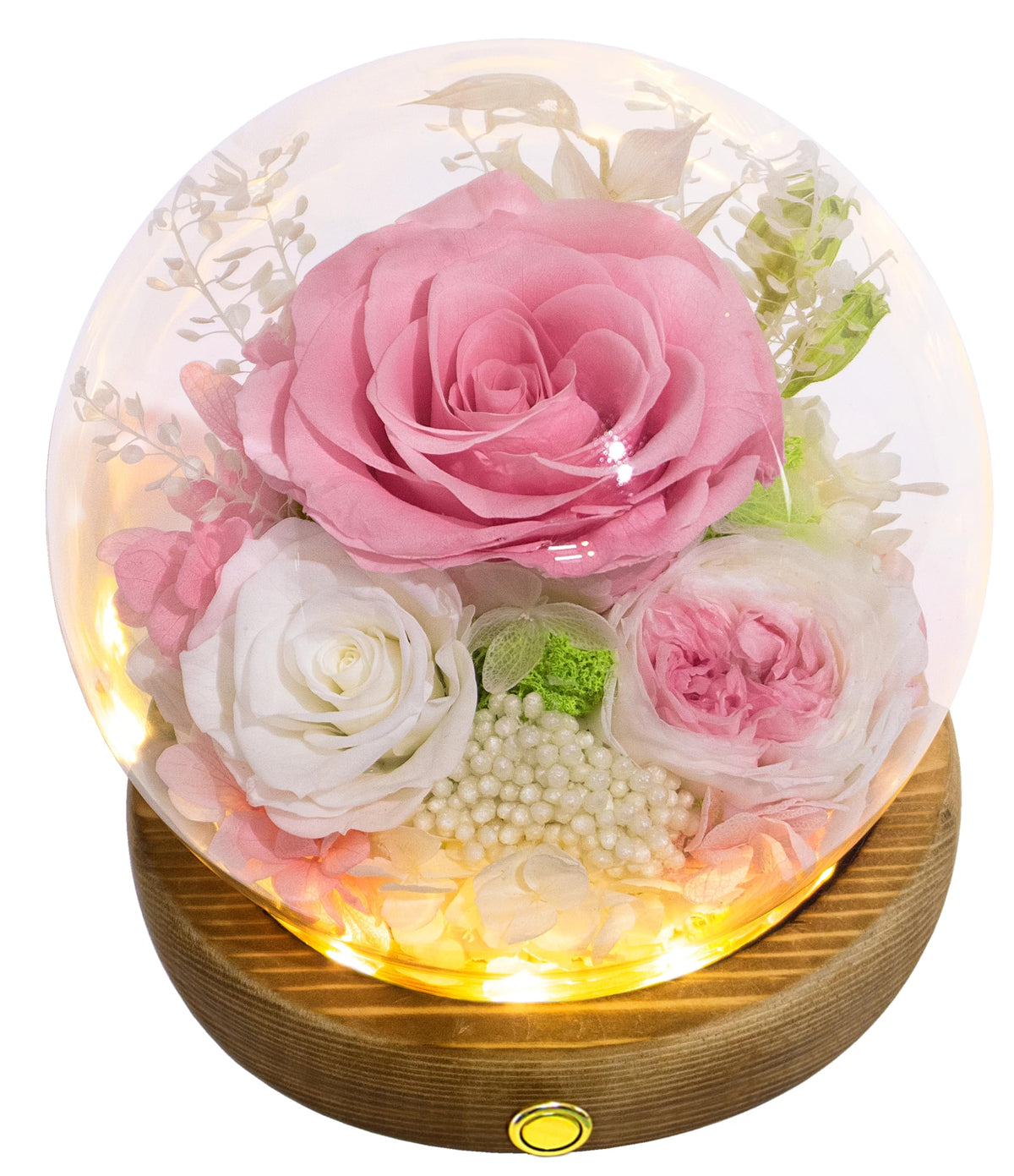 Valley of Rain & Forest front view glass dome with preserved flowers showing elegant decor