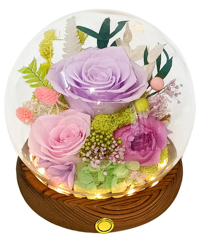 Valley of Rain & Forest front view glass dome showing elegant preserved flowers and benefits
