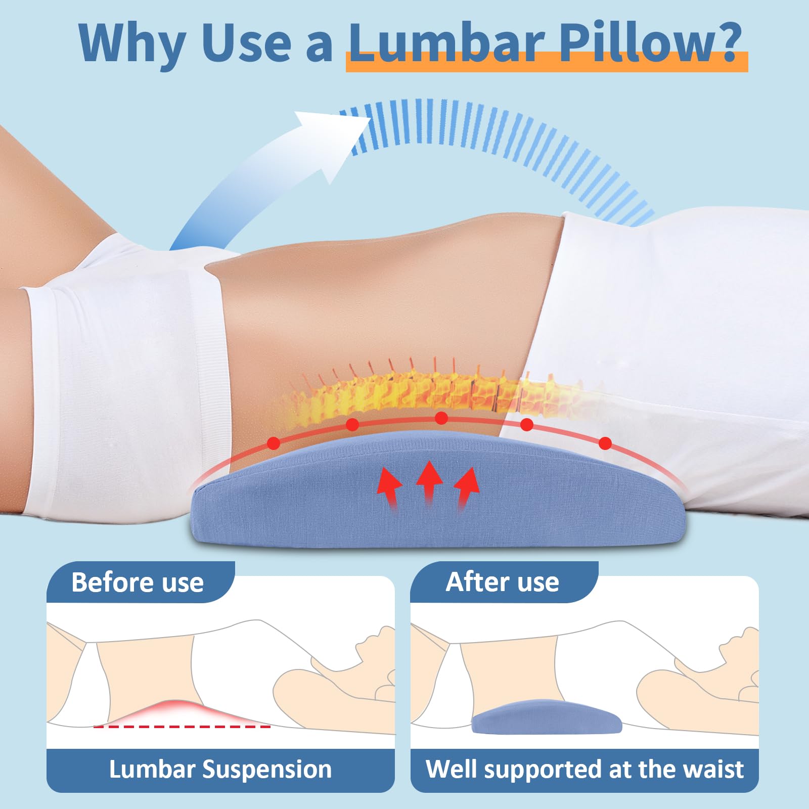 vamorry pillow placed at lower back for supine sleep comfort and reduced strain