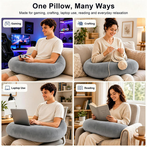 vamorry pillow in use on sofa by a gamer reducing arm fatigue