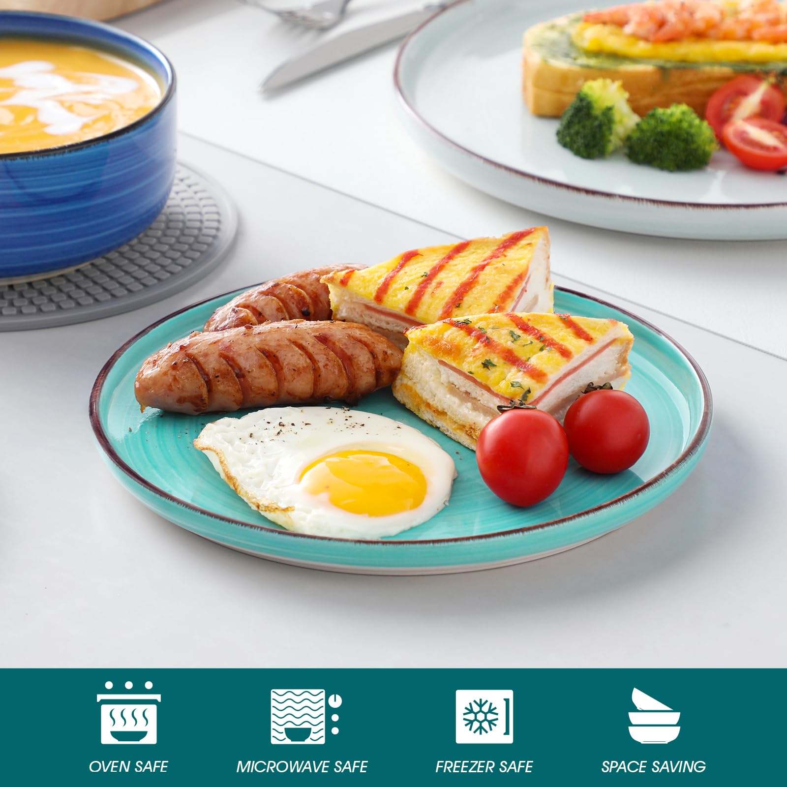 vancasso stacked plates for scale demonstrating 10.25 inch size and compact storage benefit
