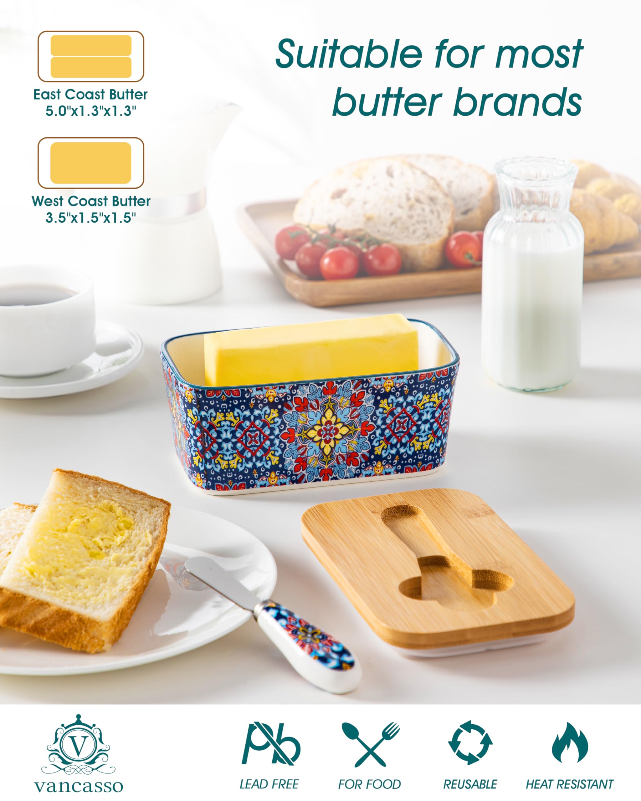 vancasso butter dish open with butter stick and knife showing ready-to-use serving convenience