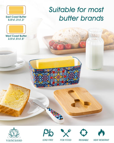 vancasso butter dish open with butter stick and knife showing ready-to-use serving convenience