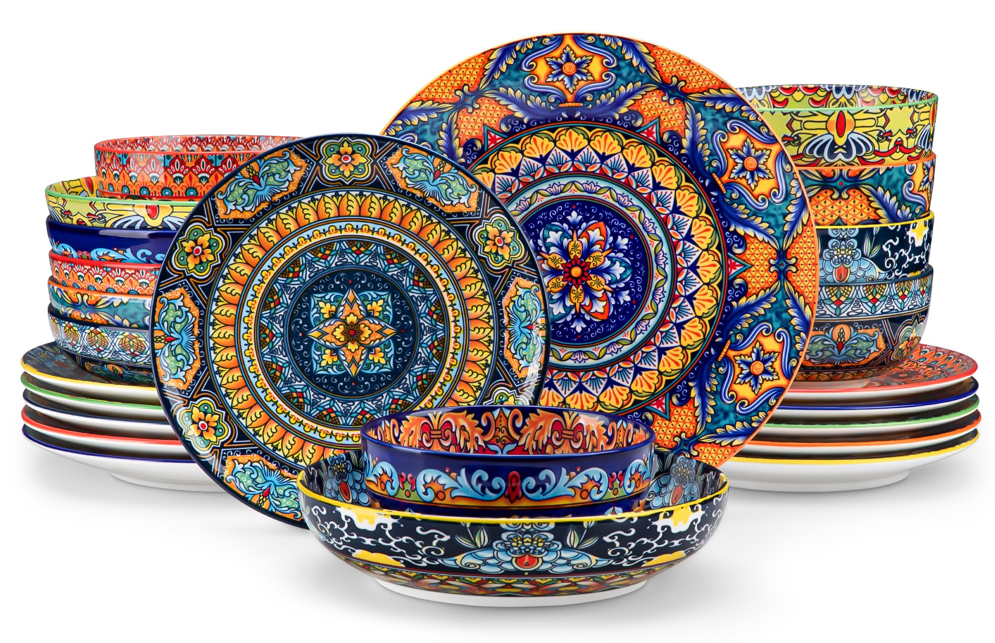 vancasso front view of full 24-piece set showing coordinated Bohemian design and versatility
