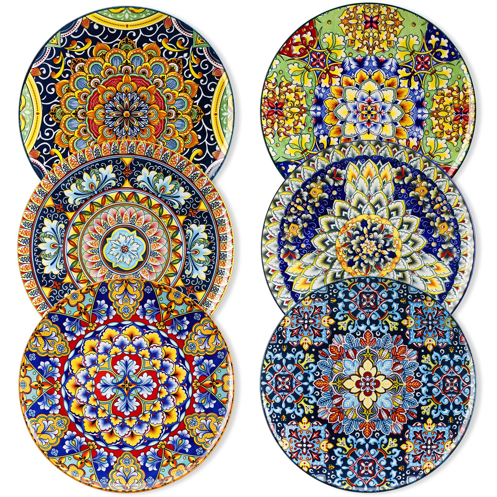 vancasso front view plate set showing vibrant boho designs and practical use