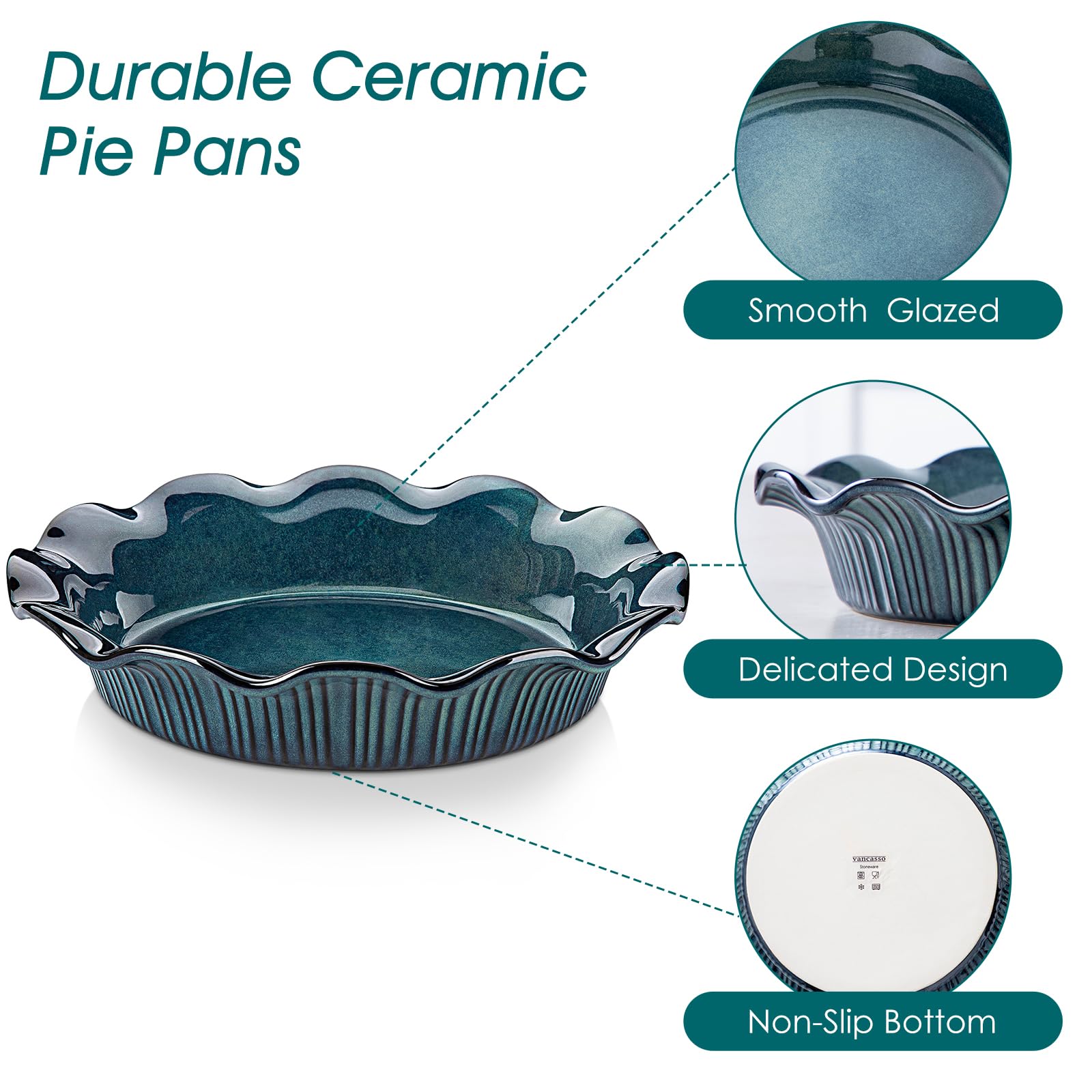 vancasso pie pan with baked apple pie in oven demonstrating even heat distribution benefit