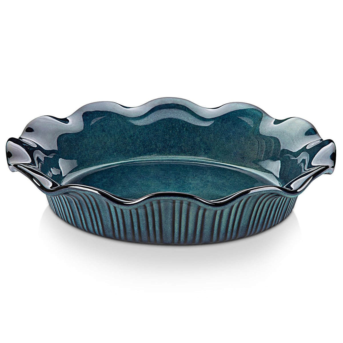 vancasso front view of pie pan showing fluted edge and green glaze benefits attractive serving