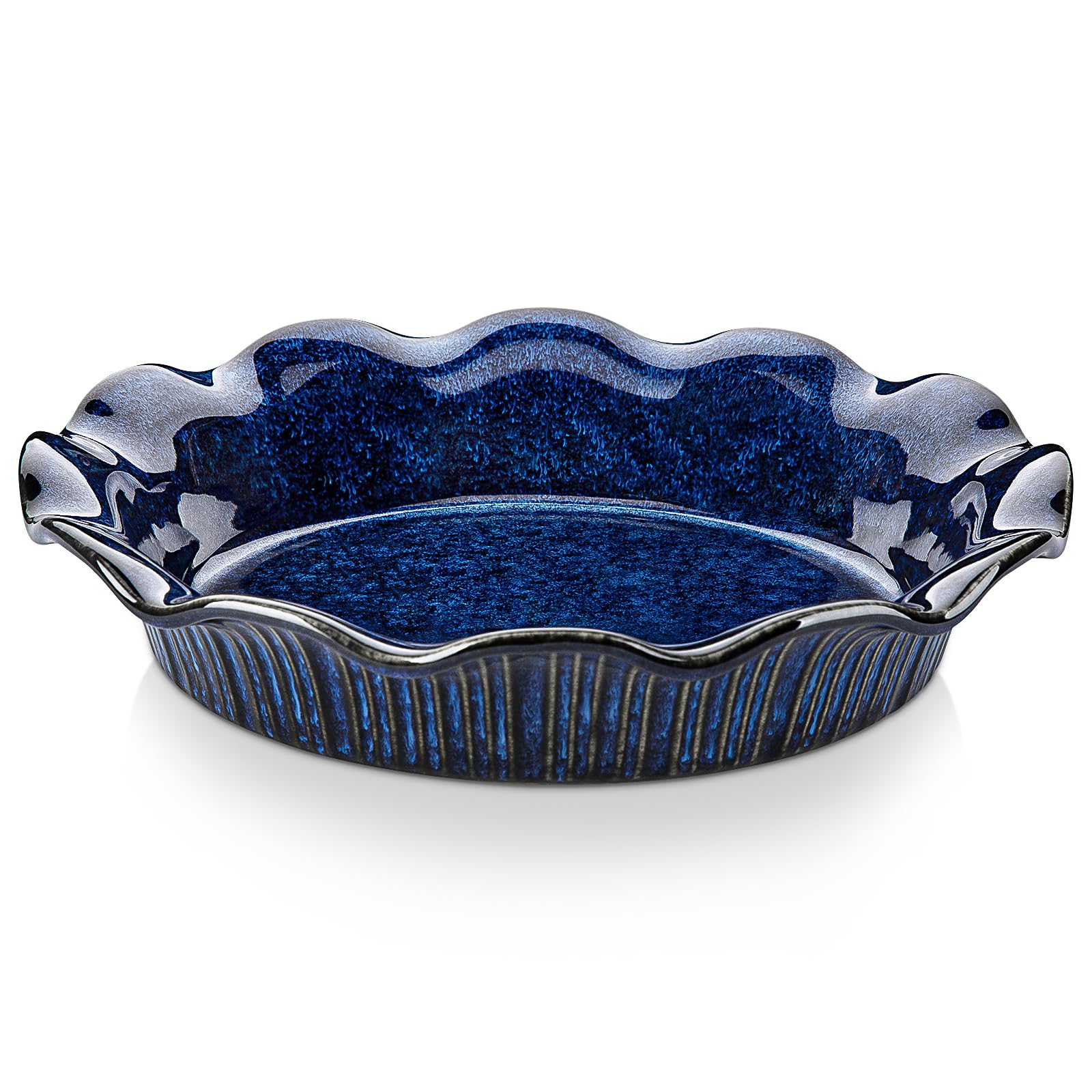 vancasso front view of blue pie pan showing ruffled edge and stable base