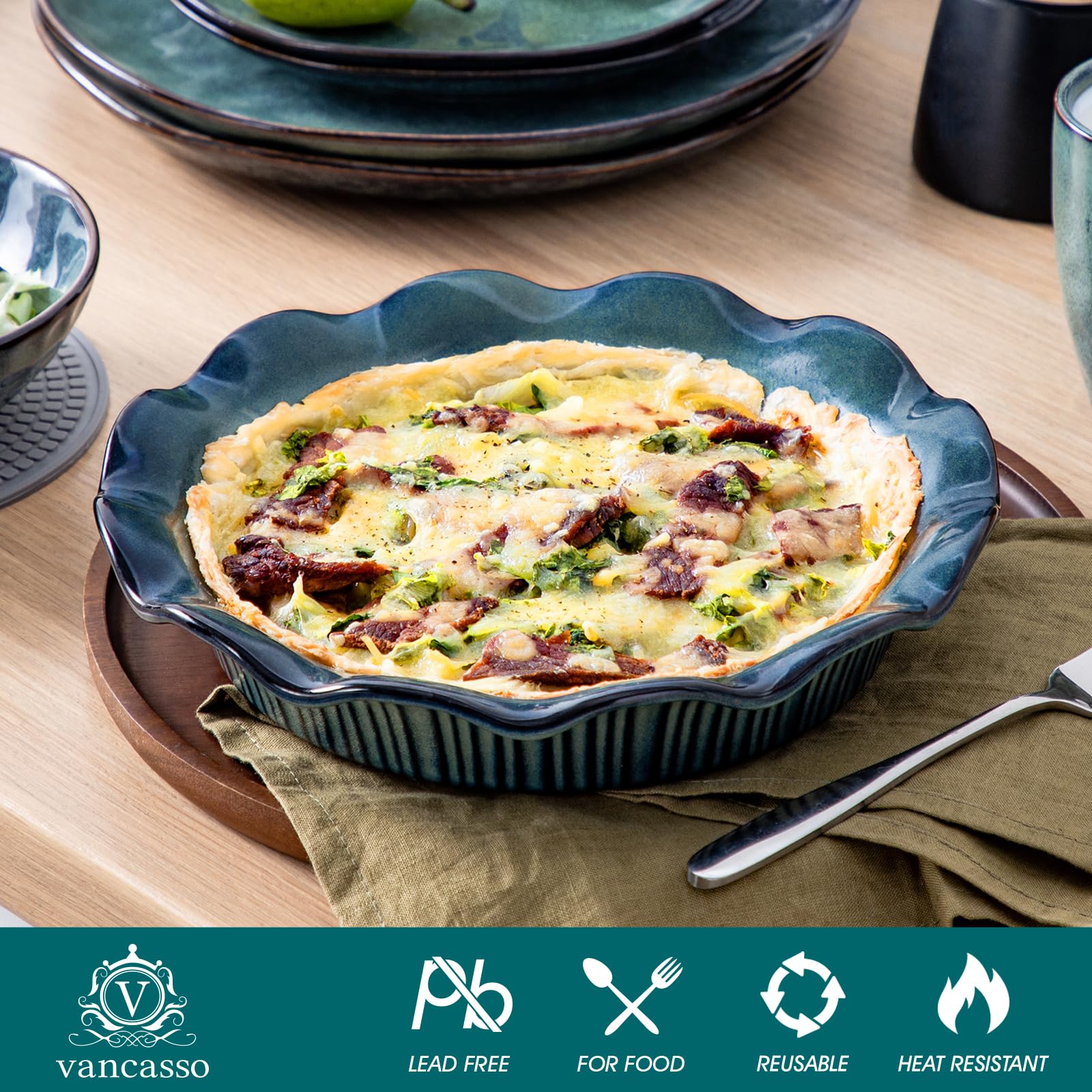vancasso pan beside a wooden spoon showing scale and deep 1.9-inch capacity advantage