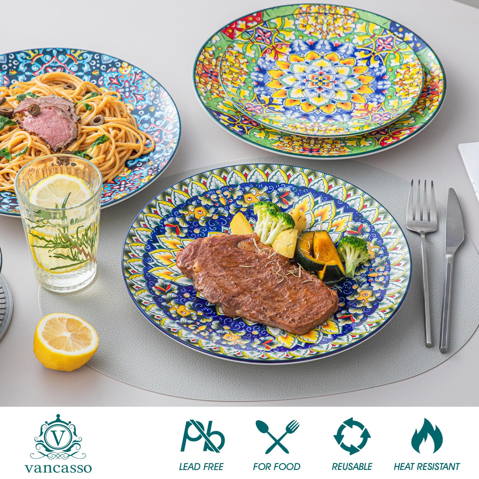 vancasso plate in use at a dinner setting showing colorful table styling