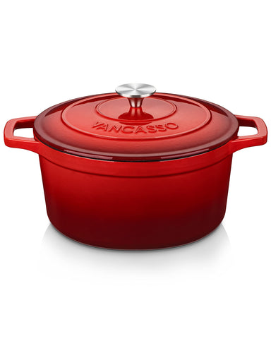 vancasso red Dutch oven front view showing glossy enamel and classic design for stylish serving