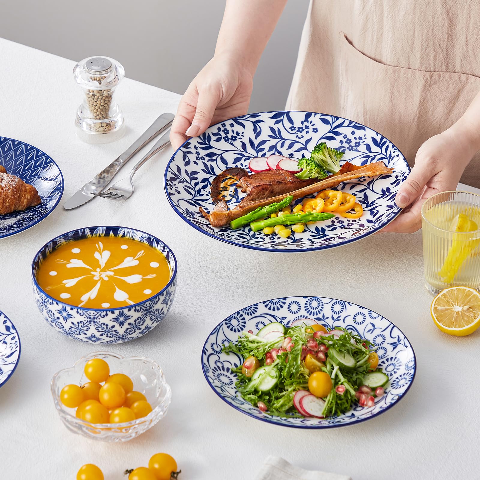 vancasso SELENE table setting with mixed patterns creating an inviting dining scene