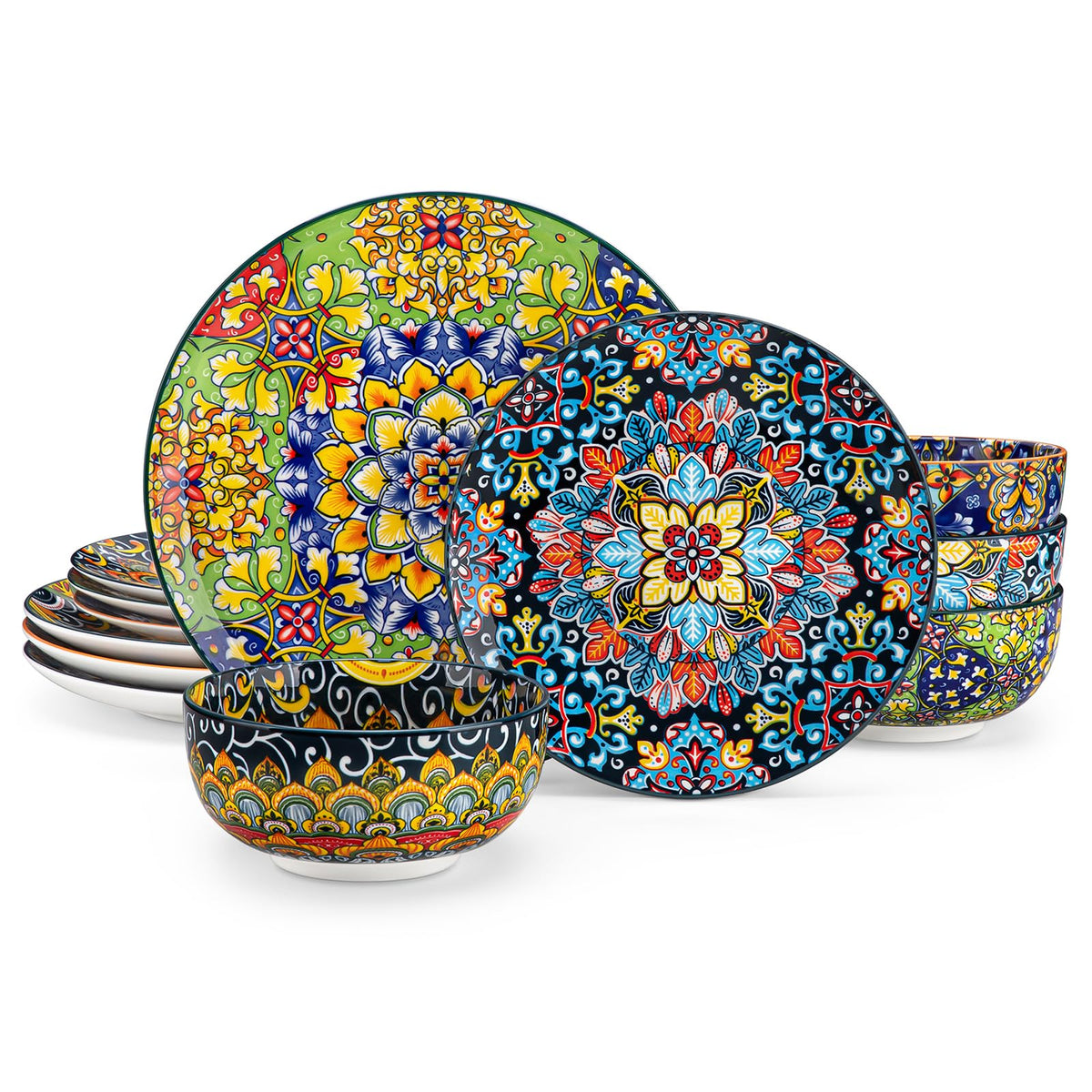 vancasso SIMI front view showing full colorful dinnerware set and benefit of coordinated style