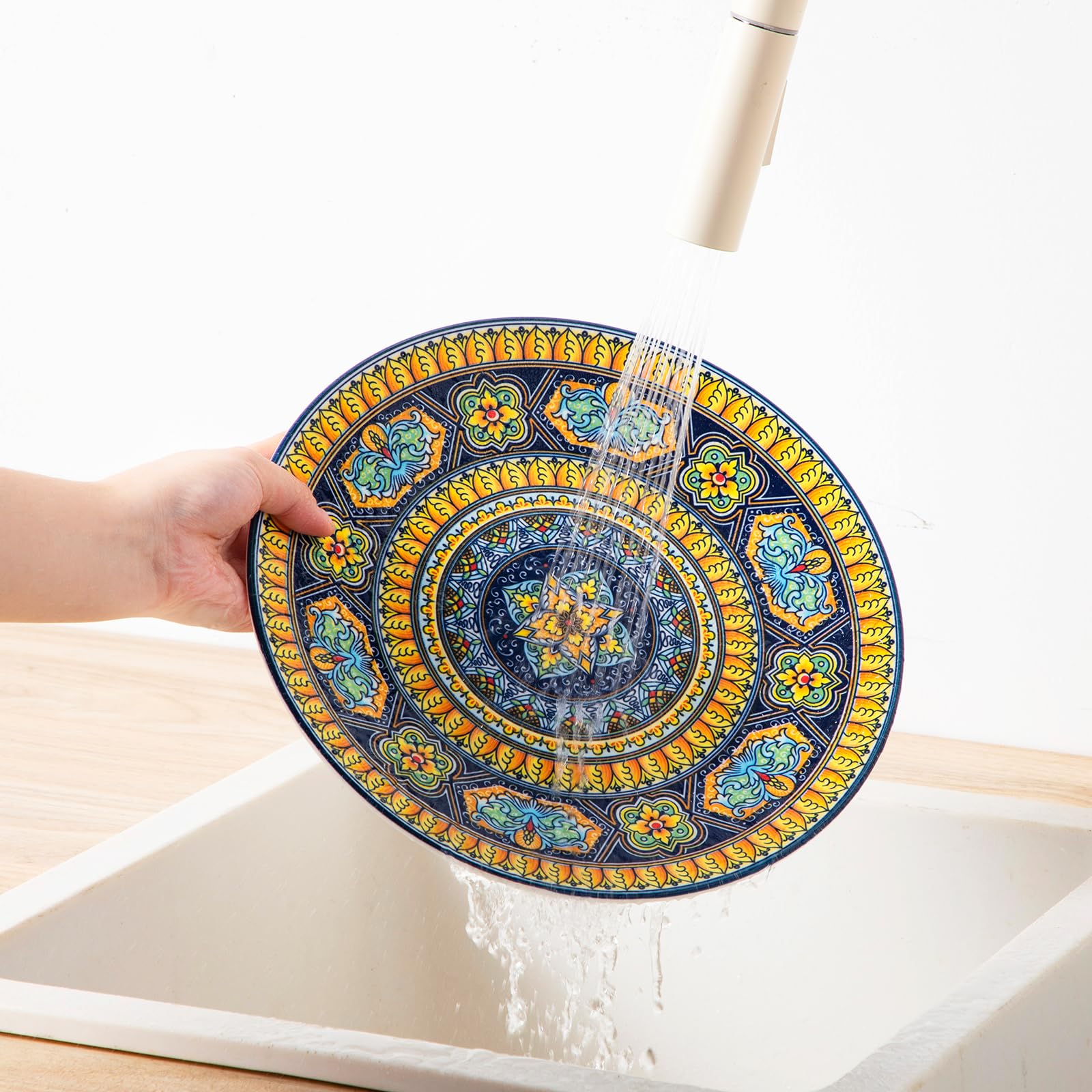 vancasso stacked dishes in cabinet demonstrating space-saving benefit