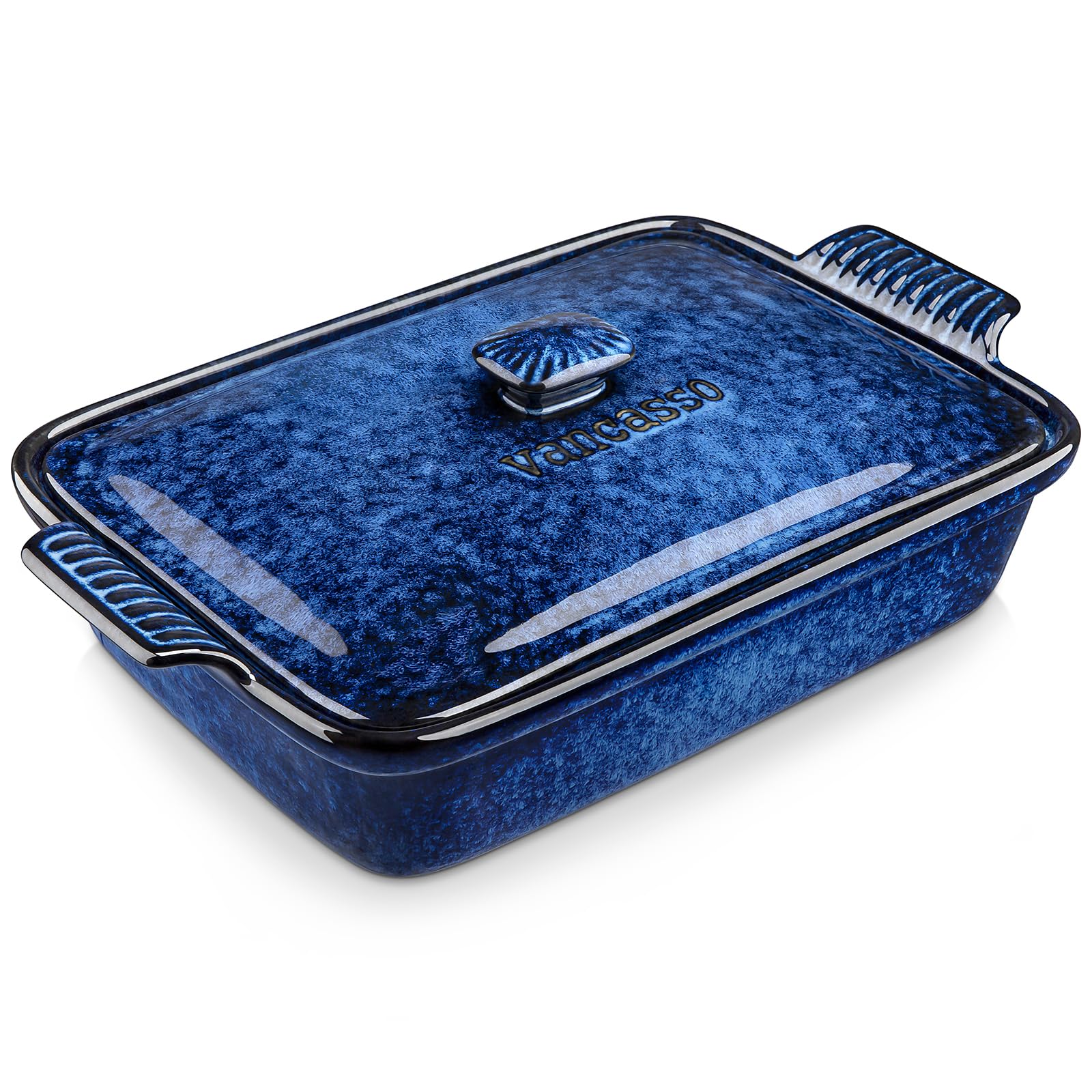 vancasso front view of blue casserole dish showing shape and handles for easy serving