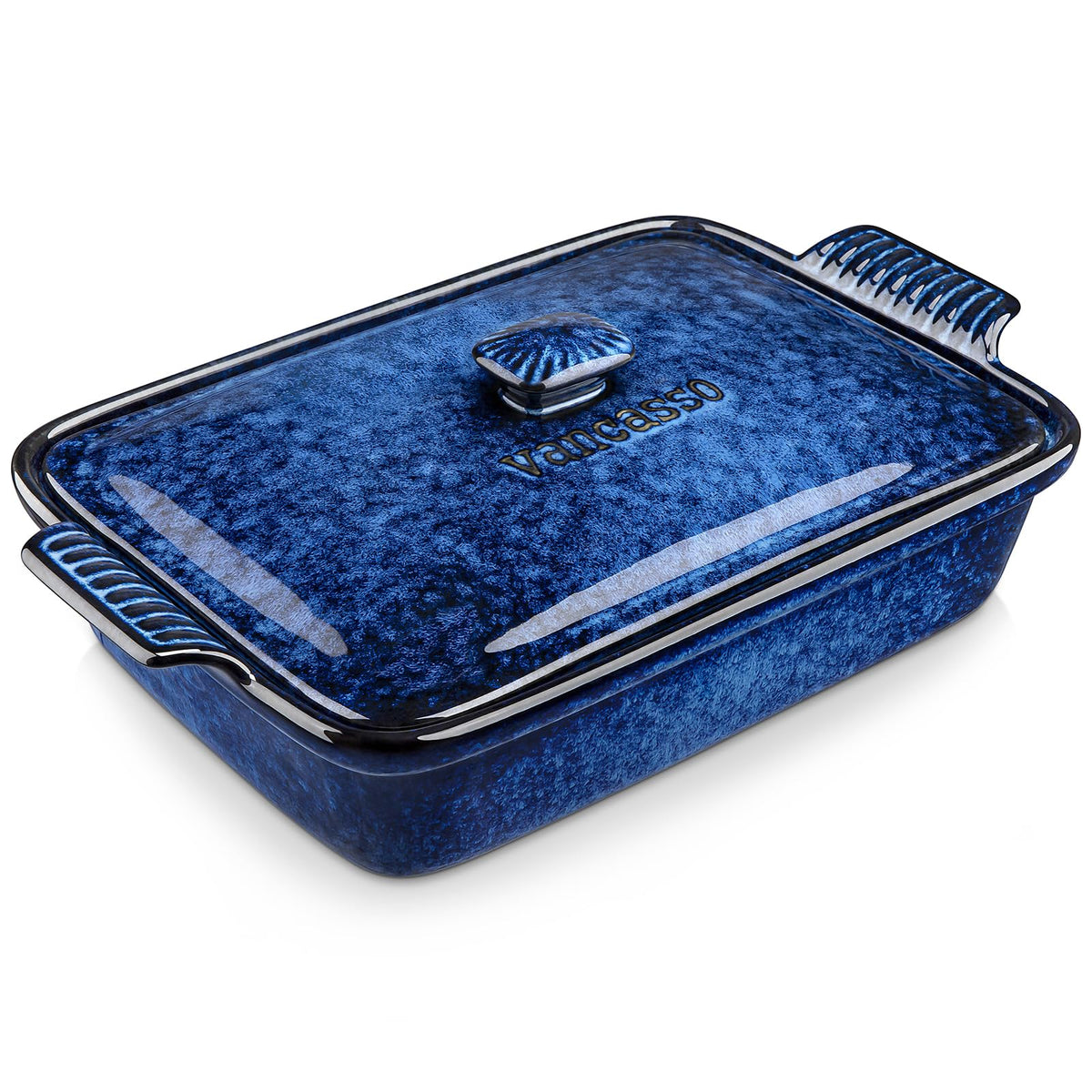 vancasso front view of blue casserole dish showing shape and handles for easy serving