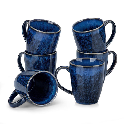 vancasso front view of six blue mugs showing cohesive set and attractive presentation