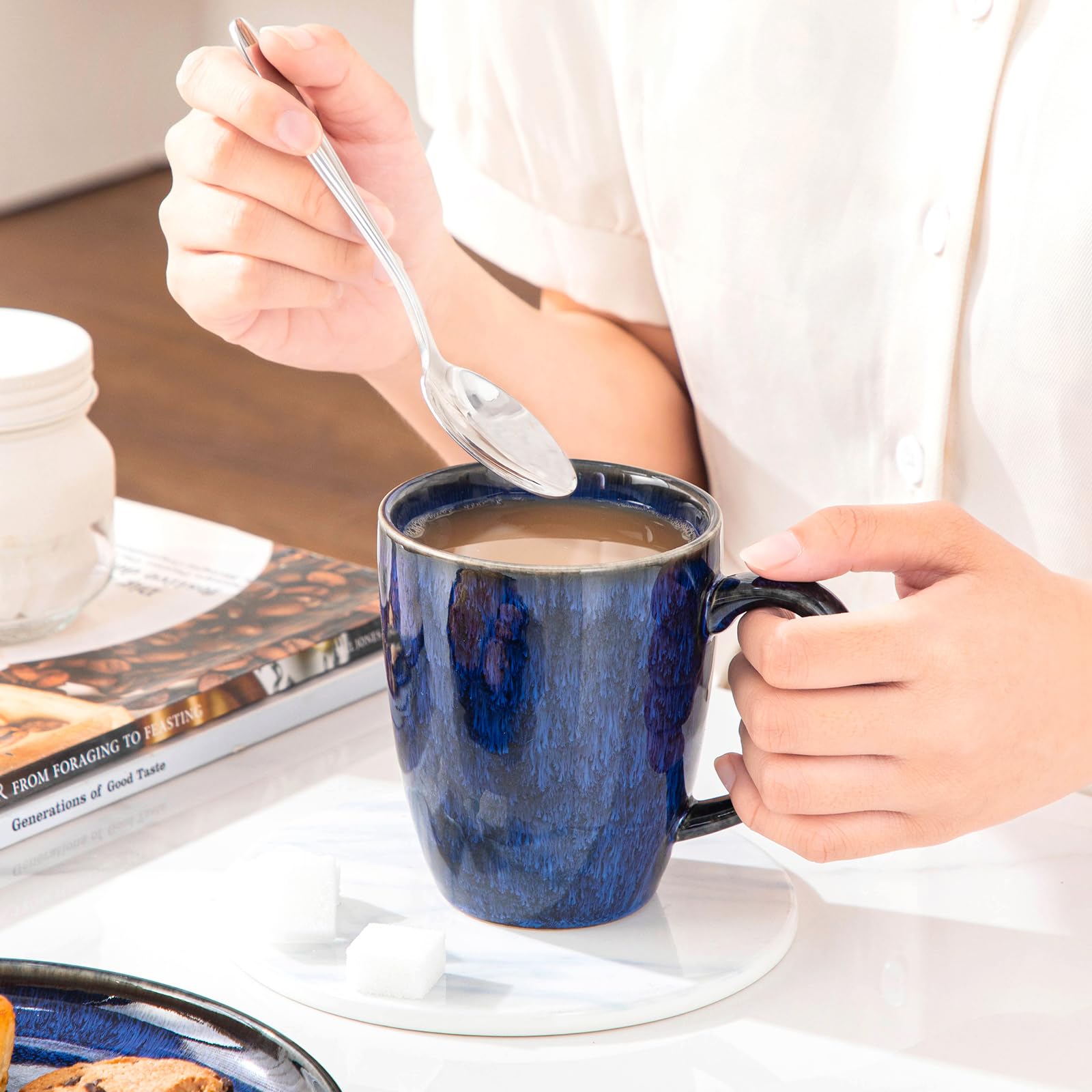 vancasso mug next to spoon showing 12oz scale and portion guidance