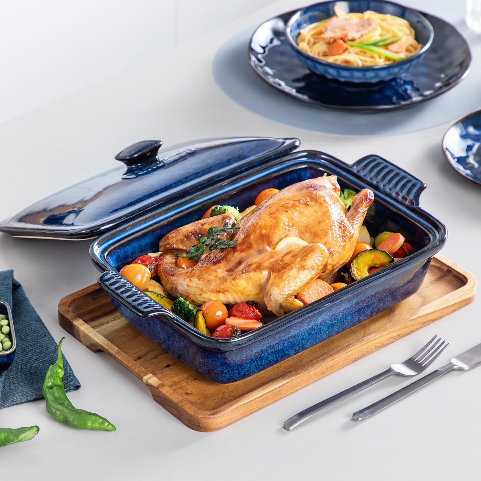 vancasso casserole next to measuring items showing 3.8-quart capacity for scale