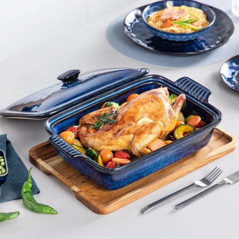 vancasso casserole next to measuring items showing 3.8-quart capacity for scale
