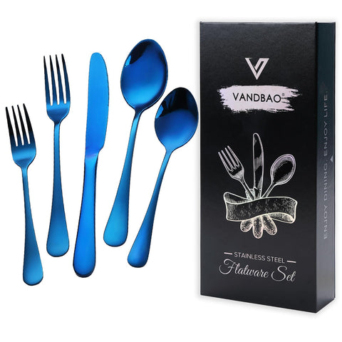 VANDBAO front view of blue flatware set showing complete service, vibrant look