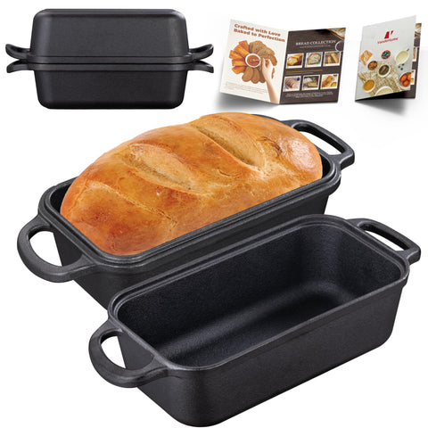 Vanderlume loaf pan front view showing sturdy cast iron and lid for even baking