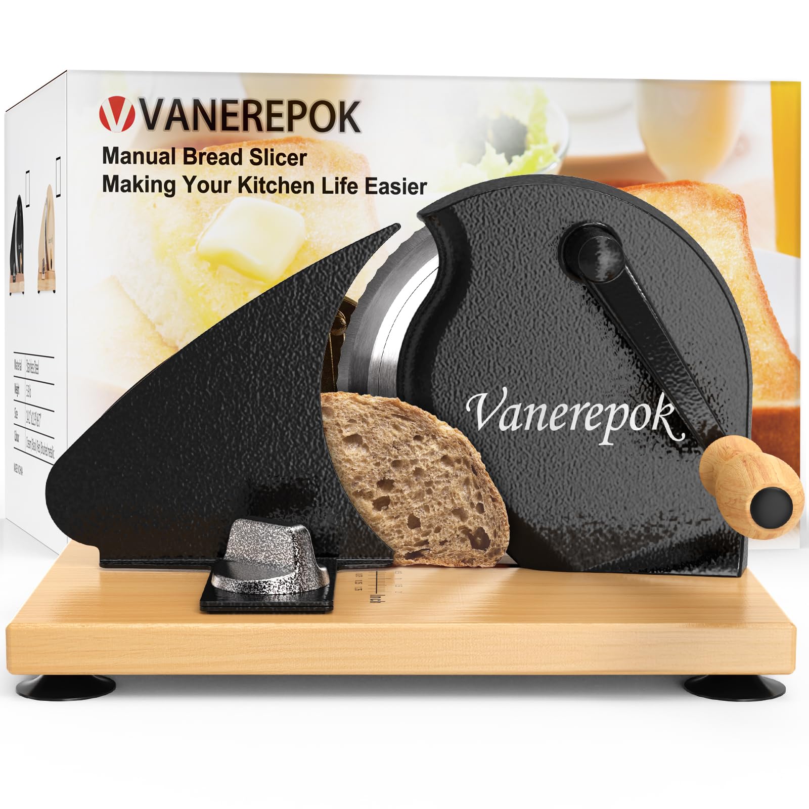 vanerepok front view of the manual bread slicer showing stable base and blade for even slices