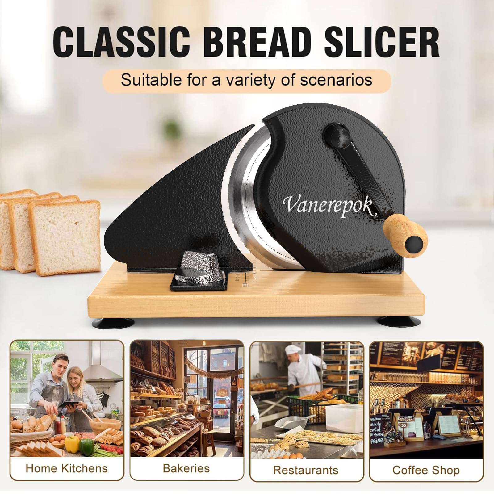 vanerepok slicer beside a full loaf to show scale and typical slice output for sandwiches