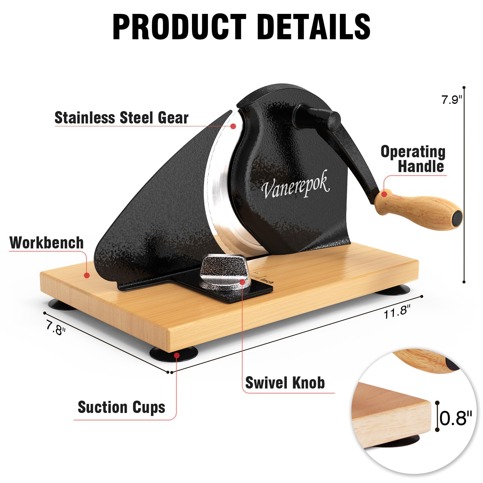 vanerepok close-up of solid wood base and suction cups providing countertop stability