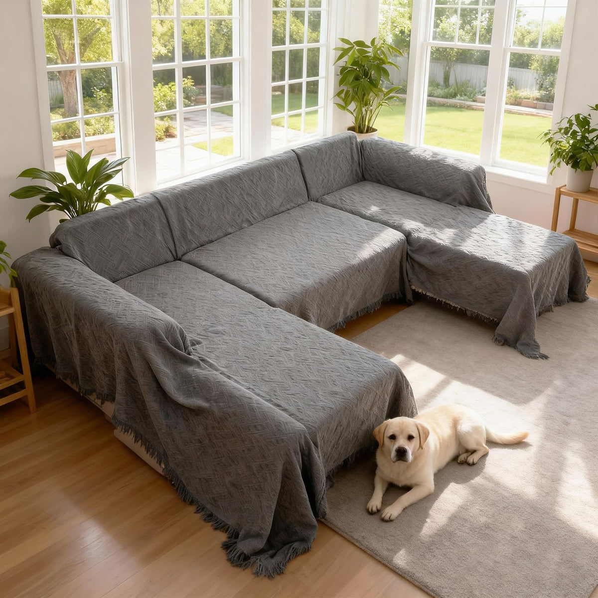 VANITURE front view of U-shaped cover protecting sofa and refreshing room