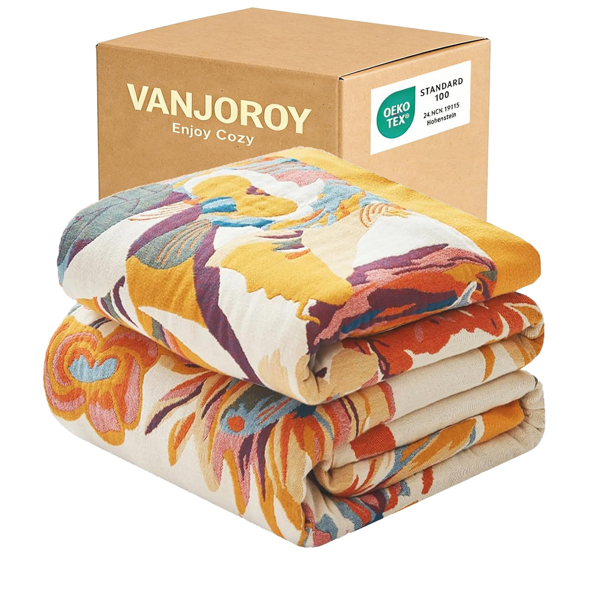 VANJOROY front view of floral throw showing full pattern and cozy look