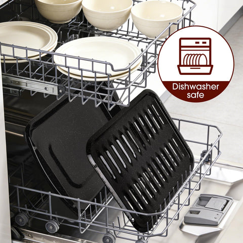 VANKUTL pan being rinsed and placed in dishwasher for easy cleanup