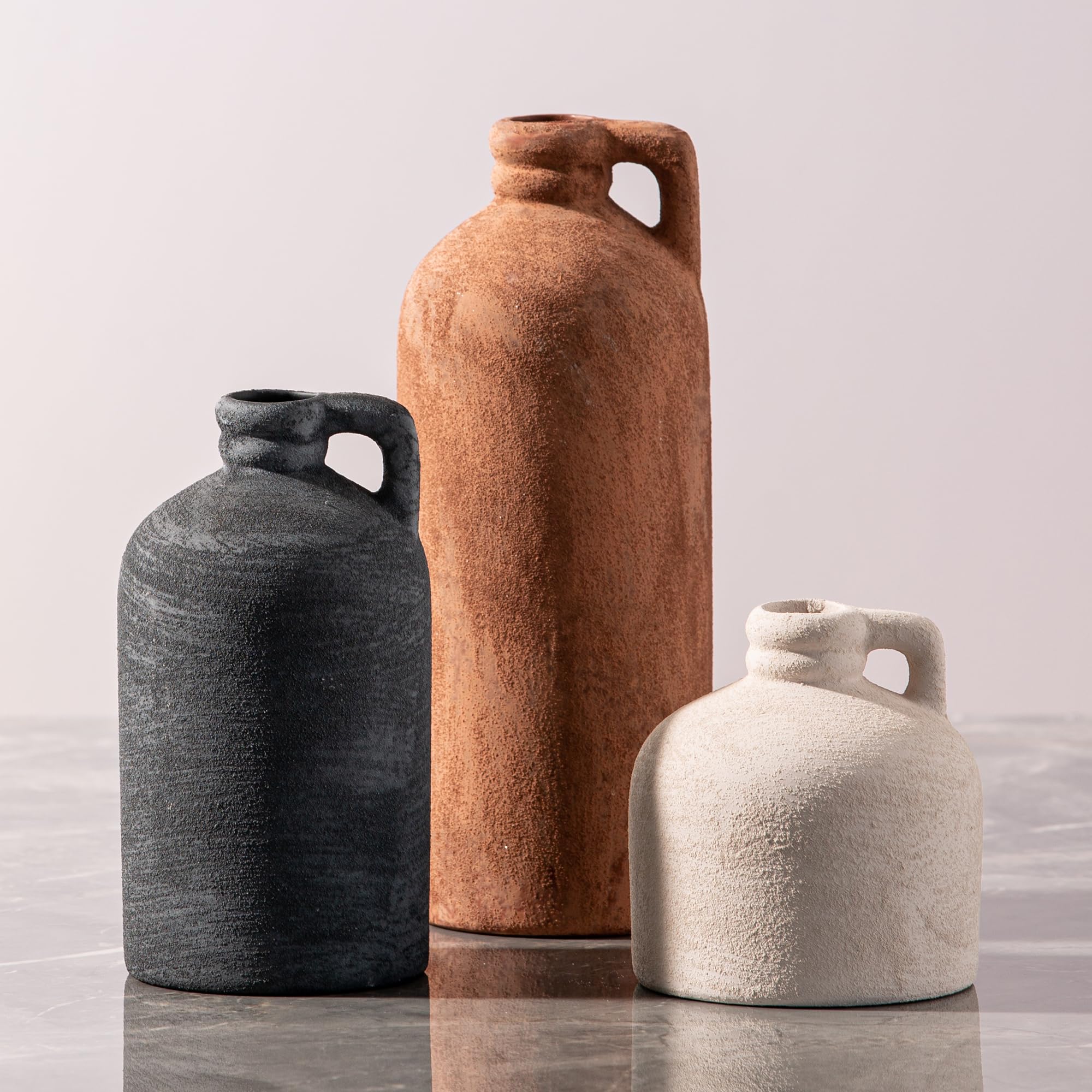 Vanselia three vases front view showing coordinated trio and visual balance