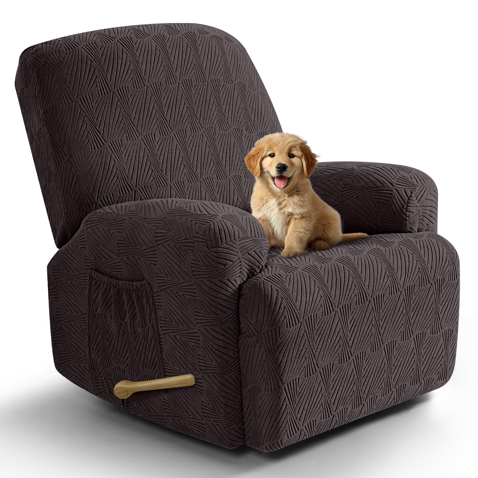 VANSOFY front view showing chocolate cover and neat fit protecting chair
