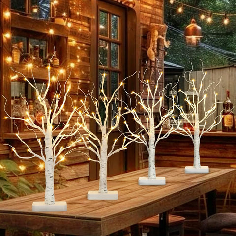 Vanthylit front view of 22-inch birch tree showing warm LED glow and natural look