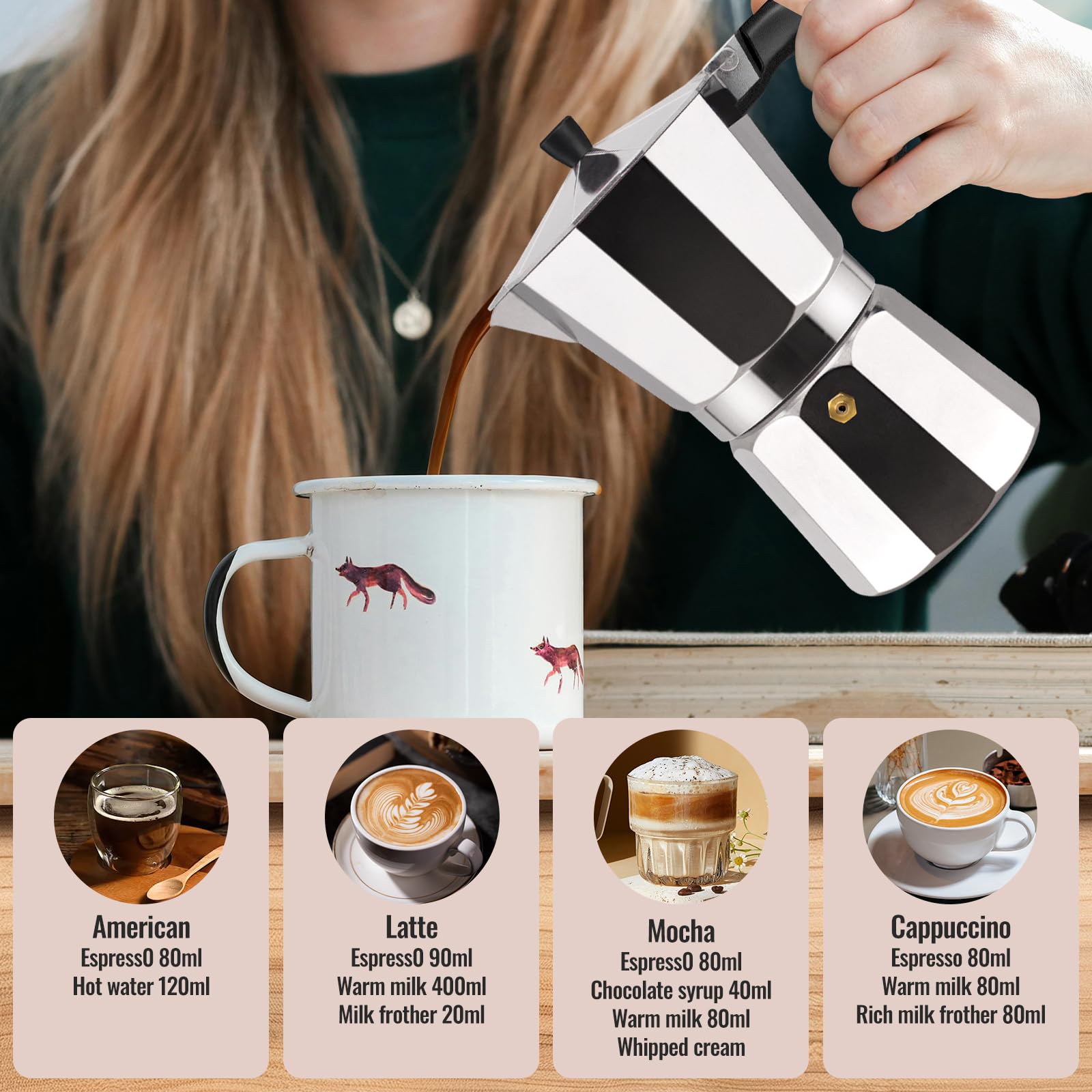 Vaolvpant pouring coffee into cup depicting rich concentrate and serving ease