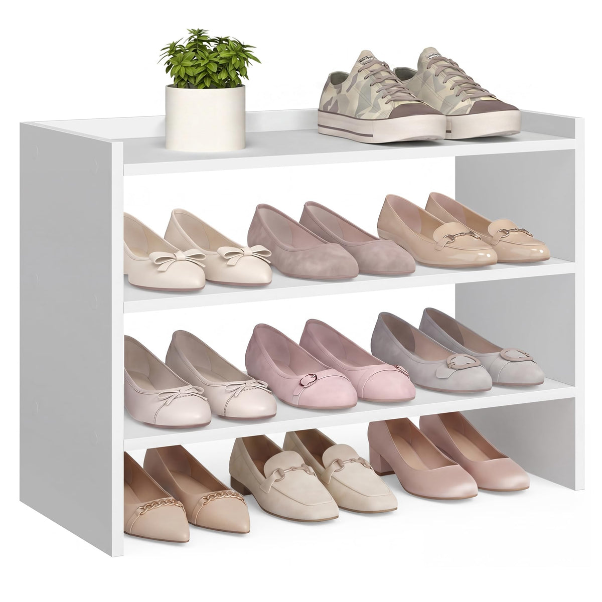 VASAGLE front view of 3-tier shoe rack showing compact organization benefit