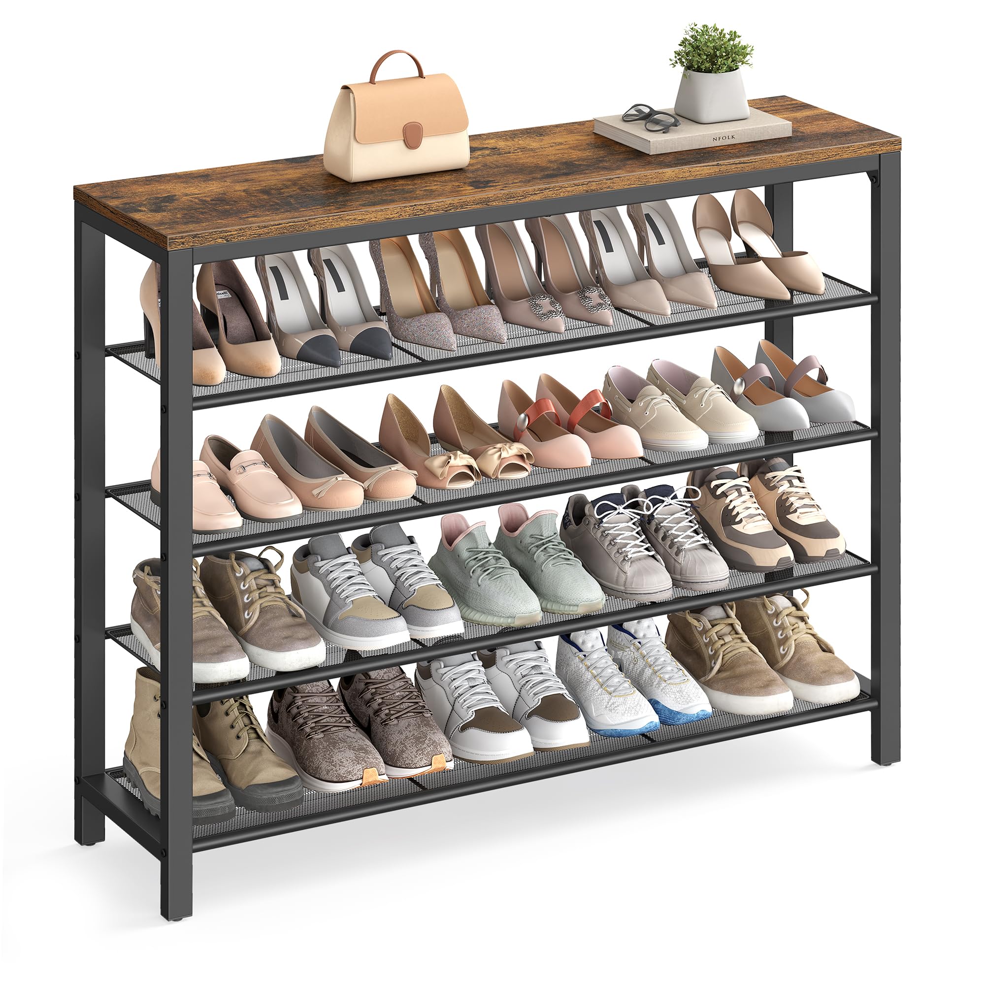 VASAGLE front view of 5-tier shoe rack showing organized shoes and entryway benefit