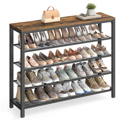VASAGLE front view of 5-tier shoe rack showing organized shoes and entryway benefit