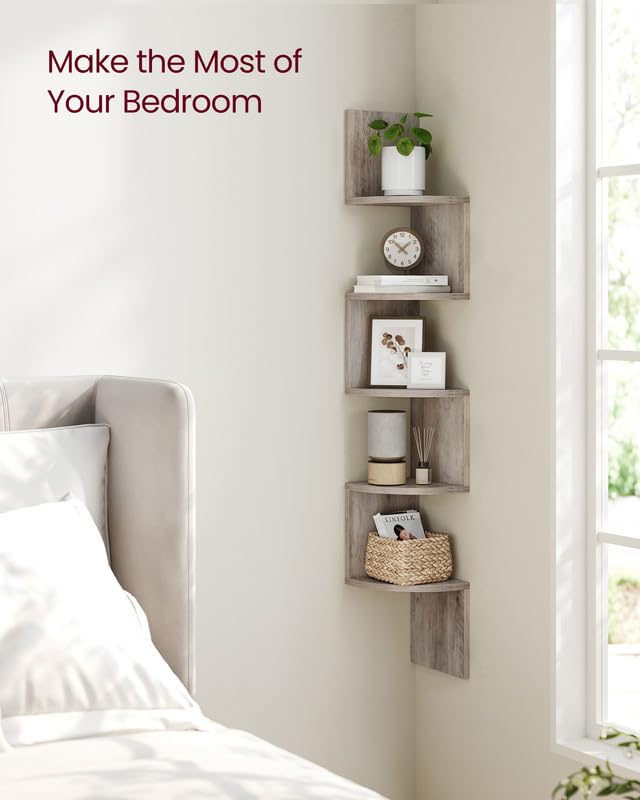 VASAGLE corner bookshelf beside measuring tape showing compact dimensions and fit