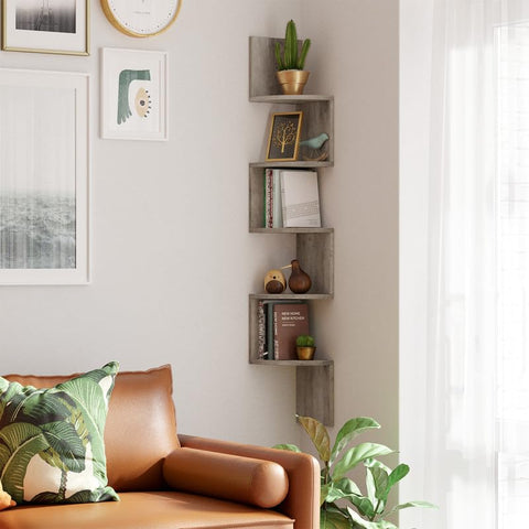 VASAGLE corner shelf in bathroom holding toiletries to maximize small-space storage