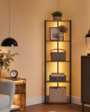 VASAGLE corner shelf front view showing five-tier storage and LED benefit