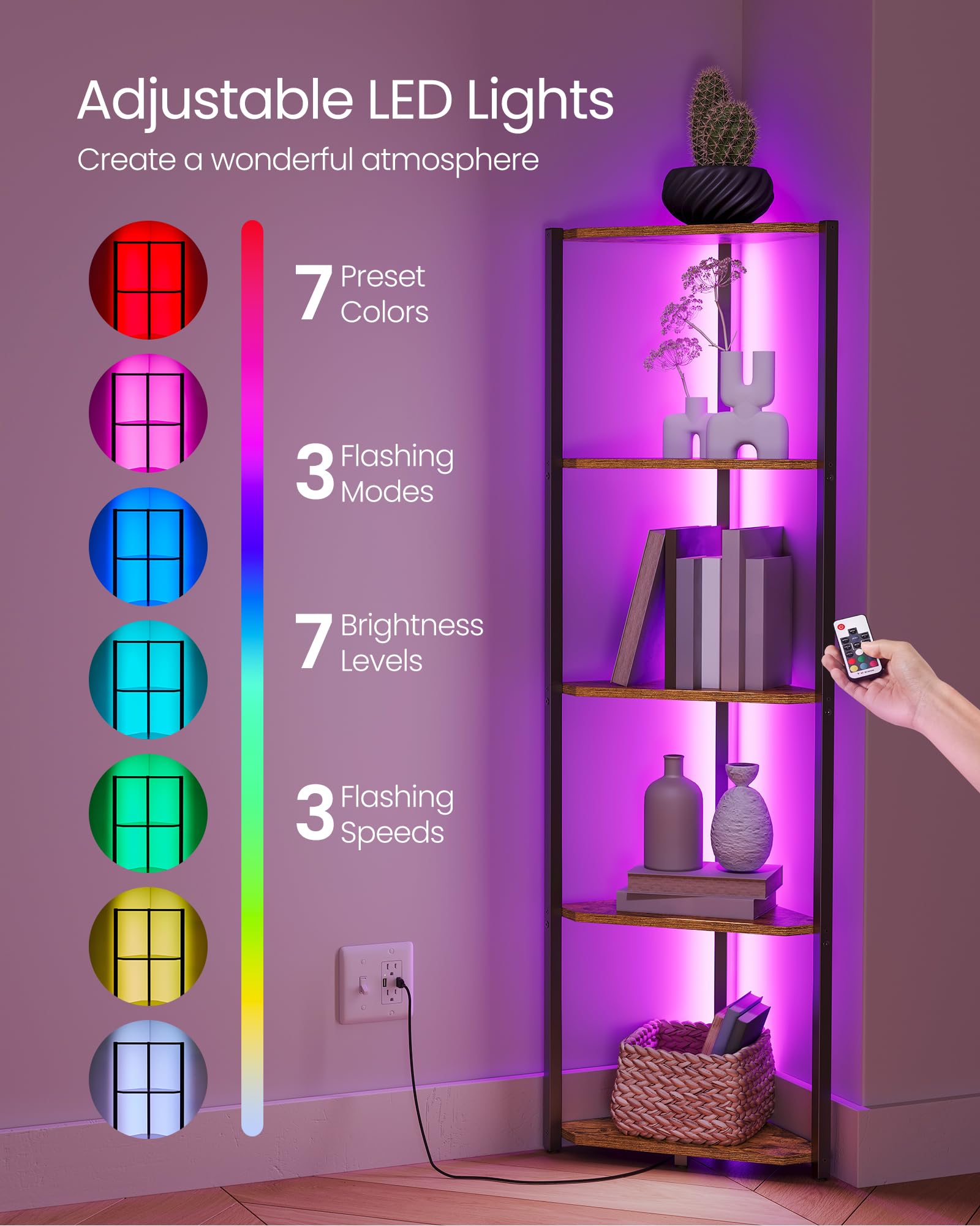 VASAGLE close-up of LED lights highlighting color options and mood benefit
