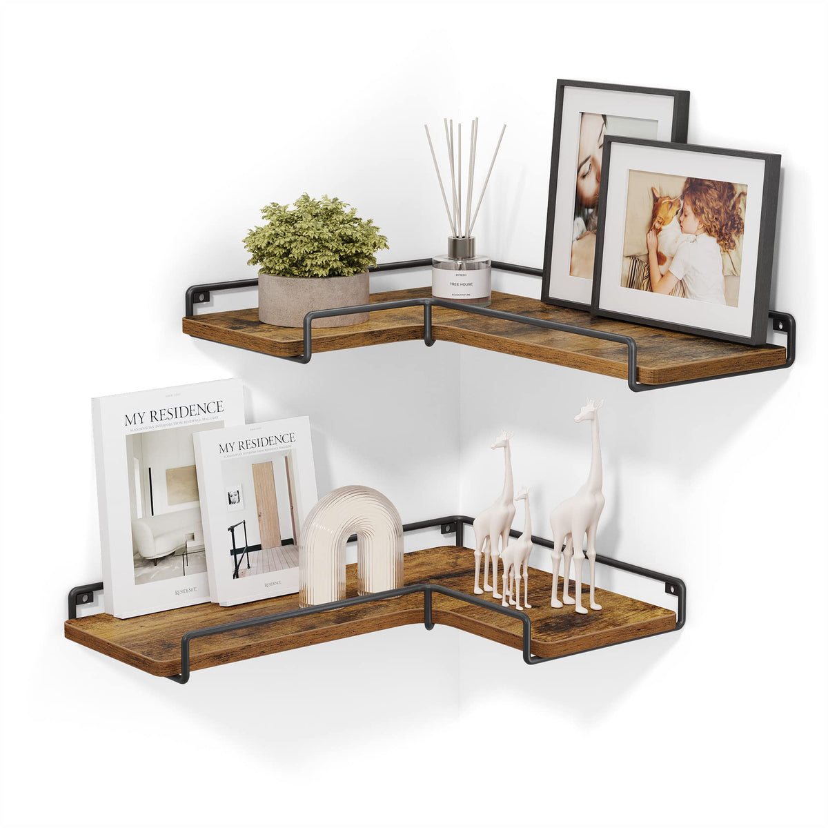 VASAGLE front view of two corner shelves showing compact space-saving design