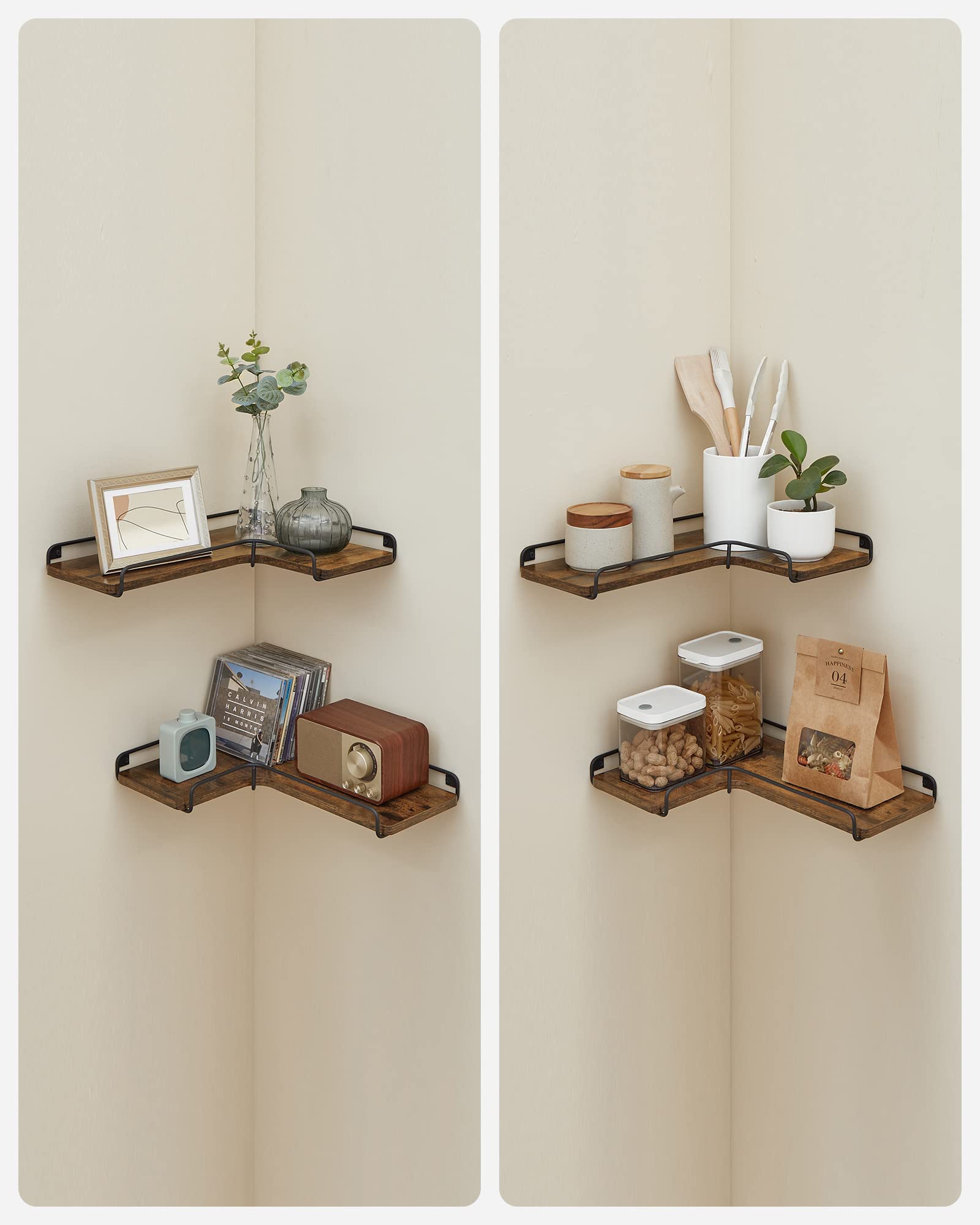 VASAGLE corner shelves used as bedside storage to free up floor space