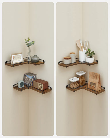 VASAGLE corner shelves used as bedside storage to free up floor space