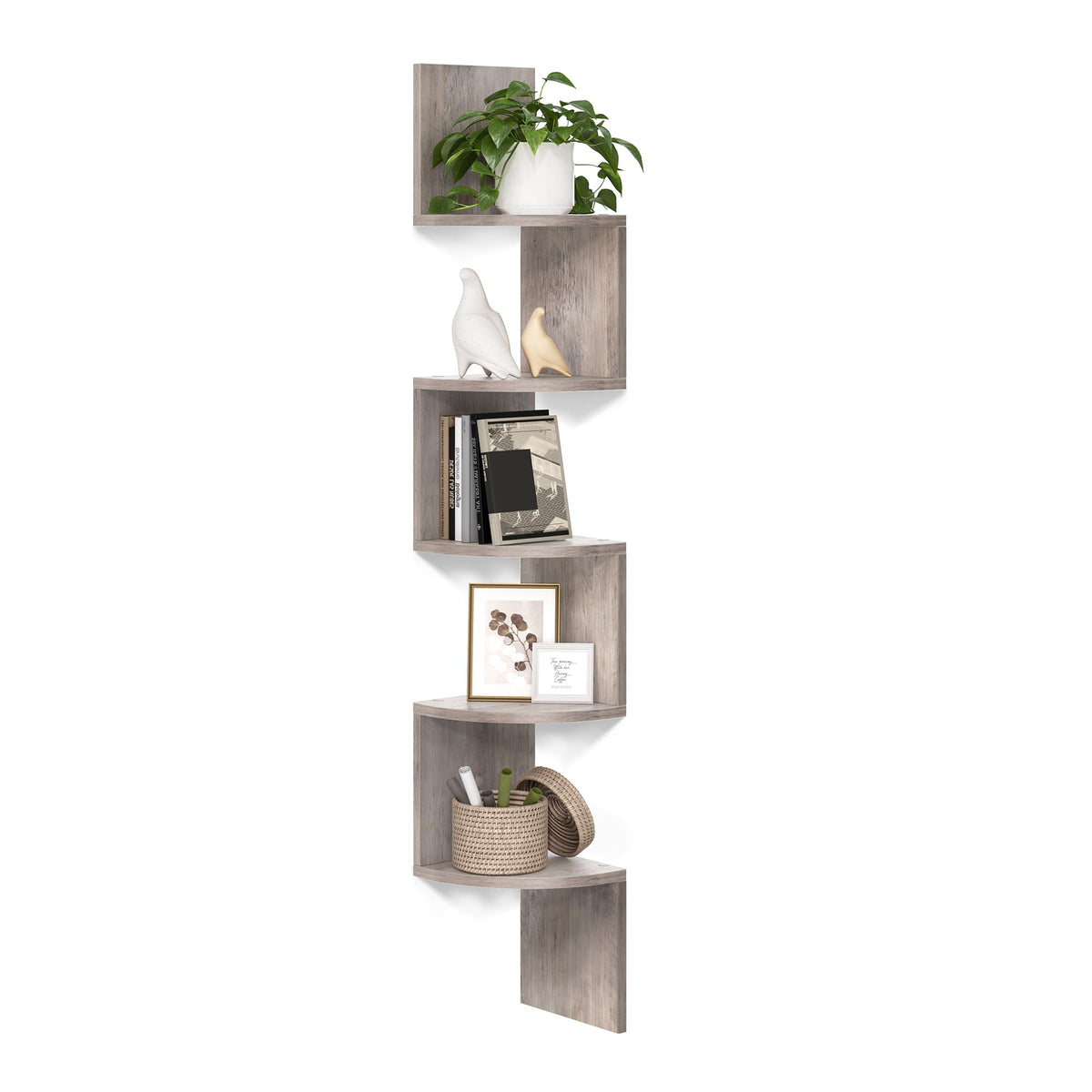 VASAGLE front view of corner bookshelf showing slim modern profile and space saving