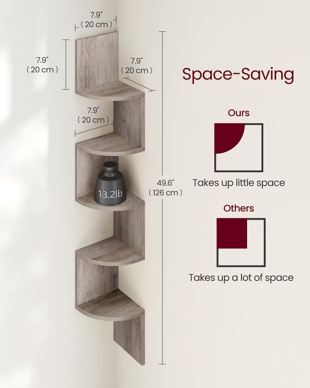 VASAGLE mounted corner shelf in living room displaying decor and saving floor space