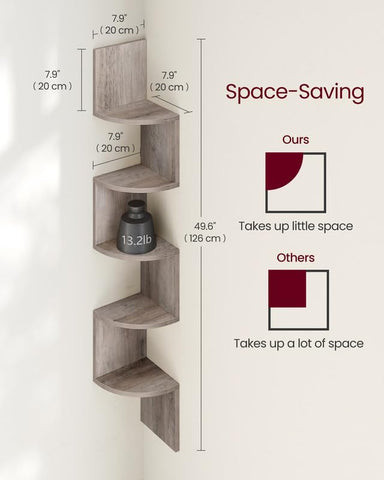 VASAGLE mounted corner shelf in living room displaying decor and saving floor space