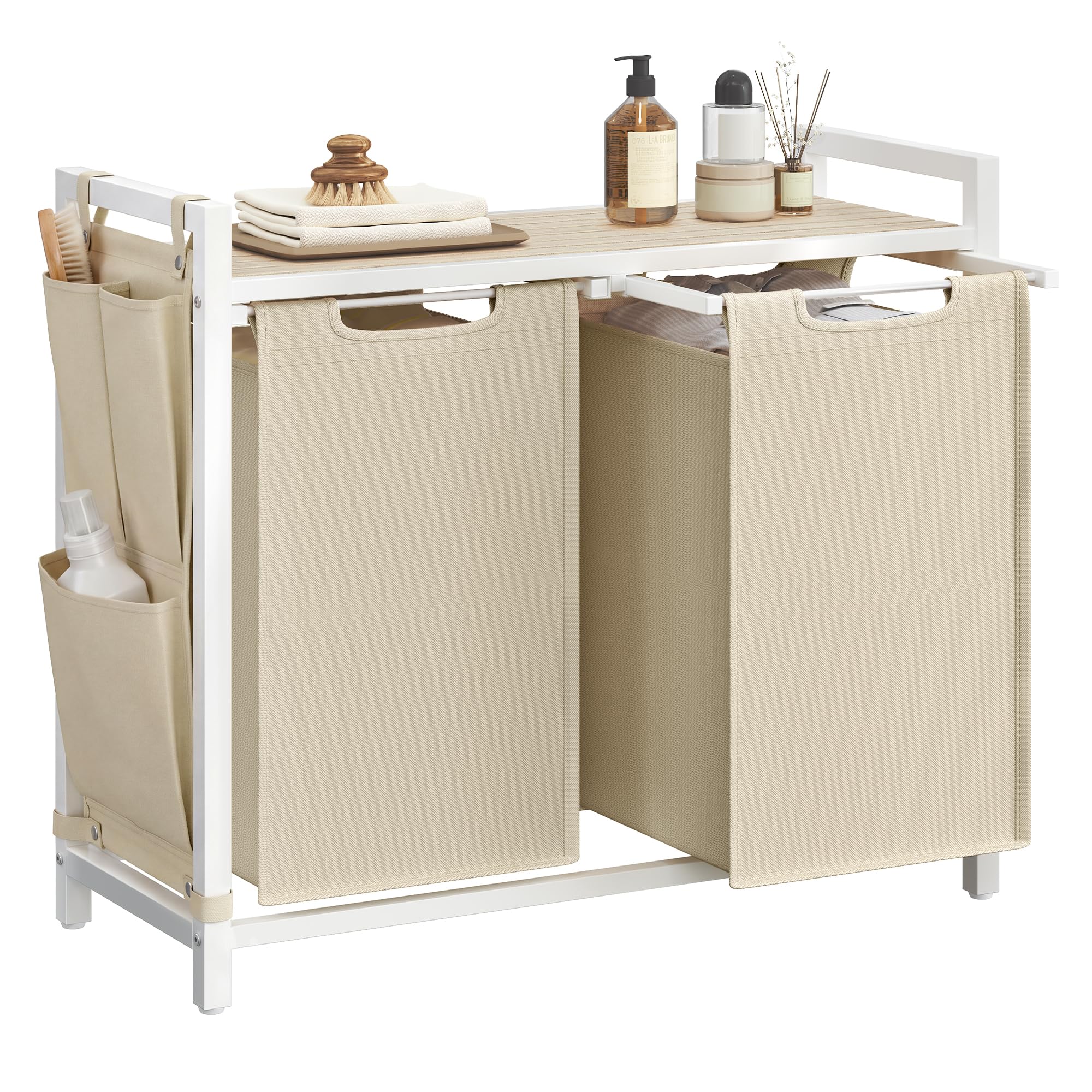 VASAGLE front view of hamper showing two compartments and shelf, helps organize laundry